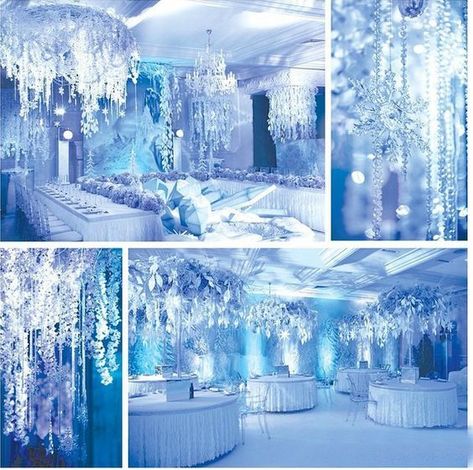 Beautiful icy blue reception ideas. Perfect for a Disney's Frozen Wedding Theme or Winter Wonderland Wedding Schnee Party, Winter Wonderland Wedding Theme, Frozen Wedding, Wonderland Sweet 16, Diy Winter Wedding, Wonderland Wedding Theme, Winter Wonderland Decorations, Majlis Perkahwinan, Blue And White Wedding