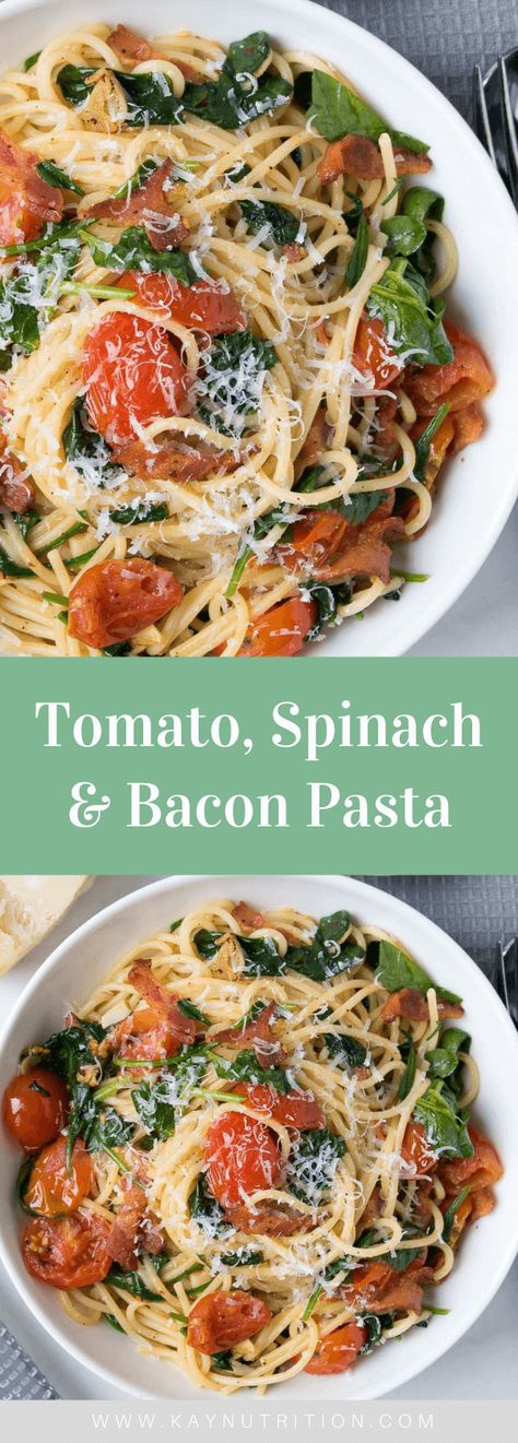 Spinach Bacon Pasta, Bacon Pasta Recipes, Spaghetti With Spinach, Tomato Spinach, Healthy Weeknight Meals, Bacon Pasta, Bacon Tomato, Fresh Spinach, Spinach Pasta