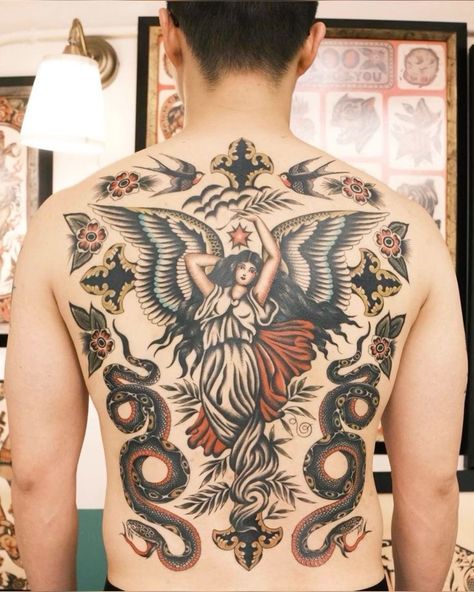 Sutherland Macdonald, American Traditional Angel, Traditional Back Piece Tattoo, Traditional Tattoo Back, American Traditional Back Tattoo, Body With Tattoos, American Traditional Back Piece, Traditional Tattoo Back Piece, Tattoo Back Piece