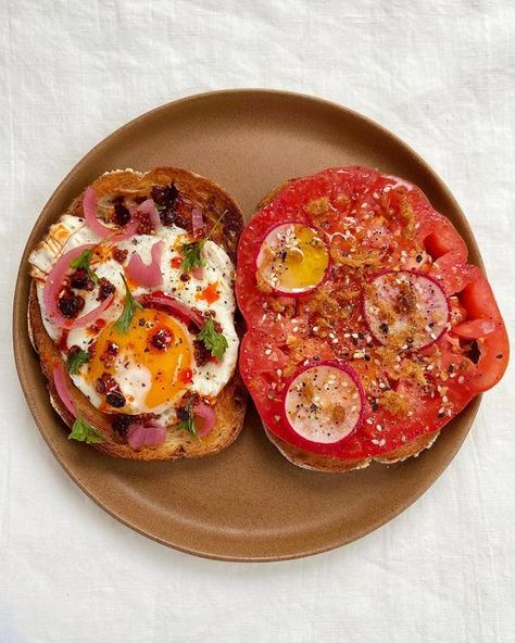 Heirloom Tomato Toast, Basil Eggs, Red Onion Pickled, Tomato Bagel, Pickled Mustard Seeds, Tomato Toast, Pork Floss, Pickled Red Onion, Tomato Egg