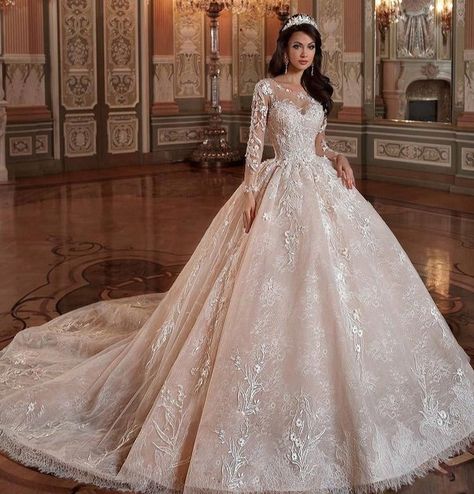 Lace Tulle Long Sleeve Chapel Train Princess Ball Gown Beading Flowers, Wedding Dresses Lace Ballgown, Bridal Gowns Vintage, Video Tiktok, Lace Ball Gowns, Princess Ball Gowns, Wedding Dress Fabrics, A Wedding Dress, فستان سهرة