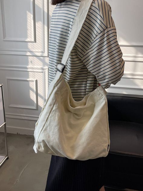 Large Capacity Canvas Bucket Bag | SHEIN USA Bag For College, Canvas Hobo Bag, Canvas Bucket Bag, College Bags, Student Bag, Plain Style, College Student, High School Students, School Students