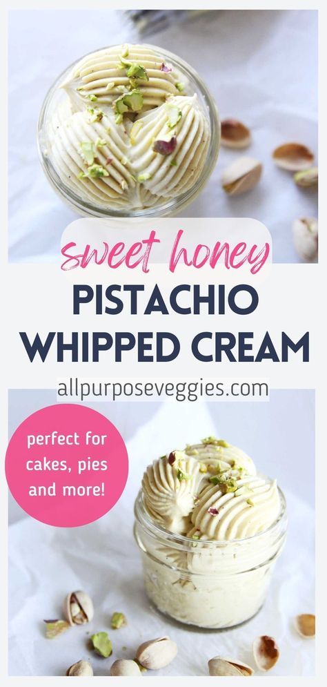 This recipe for homemade pistachio honey whipped cream is a great way to give your dishes that extra bit of flavor. Easy to make and delicious, it pairs perfectly with any cake, pies and pastries. I love the combination of flavors and textures this recipe provides, and have no doubt you’ll love it too. #whippedcream #frosting #chantillycream #creamcheesefrosting #pistachio Homemade Whipped Cream Cheese, Pistachio Whipped Cream, Pistachio Cream Filling, Pistachio Creme Recipes, Pistachio Mascarpone Cream, Homemade Pistachio Cream, Pistachio Cream Recipe, Pistachio Crema, Pistachio Frosting