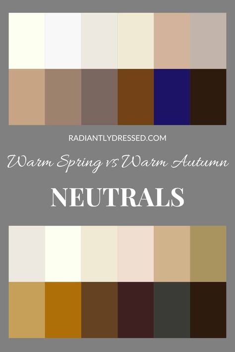 Are you a Warm Spring or a Warm Autumn? Discover how to identify your color season and the best hues to enhance your natural beauty. This article delves into the nuances of Warm Spring and Warm Autumn palettes, explaining how to choose the right shades for your skin tone, hair, and eyes, and why embracing your seasonal colors can transform your wardrobe and boost your confidence. Warm Toned Outfits Color Palettes, Warm Spring Neutrals, Warm Neutrals Color Palette, Warm Spring Color Palette Outfits, Warm Skin Tone Colors, Clear Spring Palette, Warm Spring Palette, Radiantly Dressed, Warm Spring Color Palette