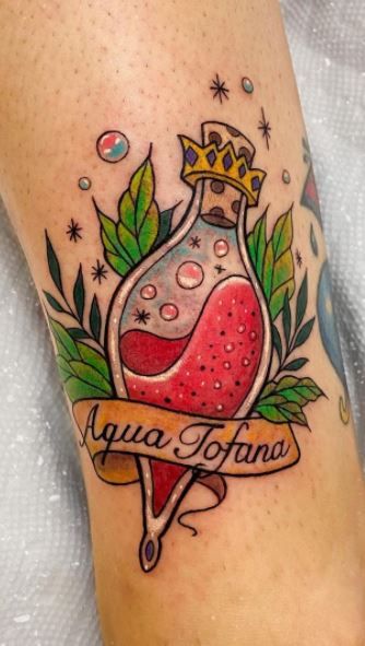 Aqua Tofana Tattoo Traditional, Potion Tattoo Traditional, Aqua Tofana Tattoo, Potion Bottle Tattoo Design, Love Potion Tattoo Traditional, American Traditional Potion Bottle Tattoo, Neo Traditional Potion Bottle Tattoo, Bottle Tattoo, School Tattoo