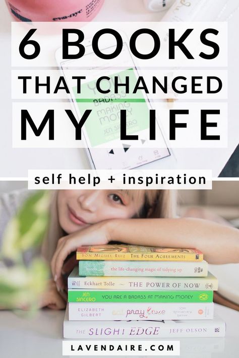 Six must read, life-changing books that changed my life on my journey to self development | Lavendaire  books to read 2018 | best books to read | inspirational books | motivational books | self help books  feat. Eat Pray Love by Elizabeth Gilbert / The Four Agreements by Don Miguel Ruiz / The Power of Now by Eckhart Tolle / The Life-Changing Magic of Tidying Up by Marie Kondo / The Slight Edge by Jeff Olson / You Are a Badass at Making Money by Jen Sincero Self Motivation Books, Books Motivational, Books Self Help, Best Inspirational Books, Best Motivational Books, Personal Growth Books, Best Self Help Books, The Four Agreements, Books You Should Read