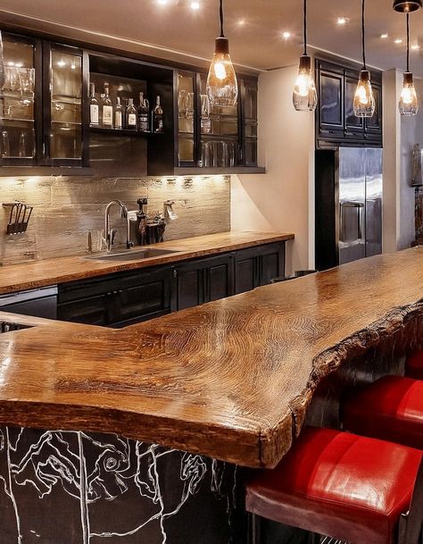 Chic Basement Bar Ideas Pub Style Basement Bar, Basement Bar Design Ideas, Pine Basement, Basement Den Ideas, Ideas For Playroom, Chic Basement, Live Edge Countertop, Basement Bar Area, Fun Playroom