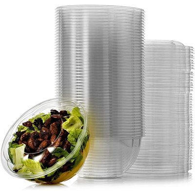 It has a simple round design that is great for all delis, supermarkets, and cafes. Easily take your salads and other foods on the go with this plastic salad bowl.  The clear plastic of this bowl is sturdy and allows both you and your customers to see what is inside. This item saves space during storage by stacking conveniently on top of one another. Disposable Bowls, Plastic Party Plates, Salad Container, Prep Lunch, Colorful Dishes, Catering Supplies, Salad Bowls Set, Prepped Lunches, Large Salad Bowl