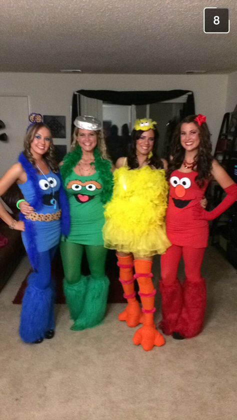 Elmo Halloween Costume Group, Onsie Group Costumes, Seaseme Street Costume, Big Bird Sesame Street Costume, Elmo Halloween Costume Women, Sesame Street Costumes Group, Sesame Street Costume Ideas, Sesame Street Characters Costumes, Sesame Street Outfit Woman