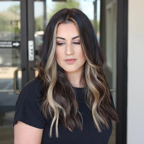 All Dark Hair With Money Piece, Dark Hair Bold Money Piece, Partial Balayage Money Piece, Brunette Balayage Hair Front View, Expensive Brunette Money Piece, Money Piece Extensions, Brunette Money Piece Highlights, Brown Money Piece Hair On Blonde, Mocha Hair With Money Piece