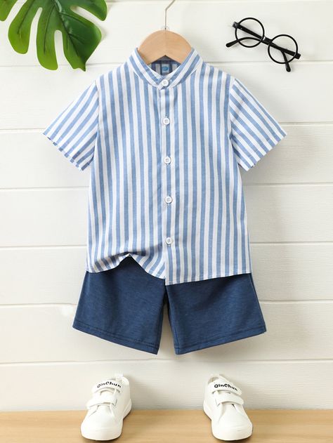 Blue and White Casual Collar Short Sleeve  Striped  Embellished Non-Stretch  Toddler Boys Clothing Striped Shorts Outfit, Boys Clothes Patterns, Kids Dress Boys, Mock Neck Shirt, Baby Boy Dress, Boys Stripes, Toddler Boy Outfits, Boy Tees, Boys Clothing