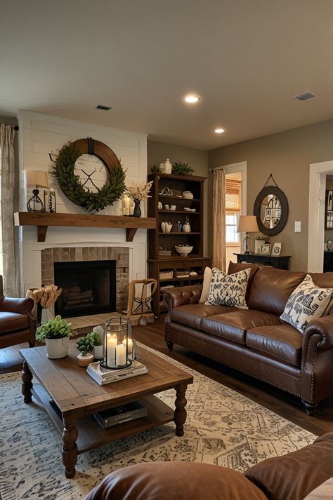 Brown Couch Living Room Ideas Farmhouse, Brown Leather Couch Decor, Rustic Side Tables, Leather Couch Decorating, Leather Couch Living Room Decor, Brown Leather Couch Living Room, Distressed Wood Furniture, Farmhouse Living Room Ideas, Leather Couches Living Room