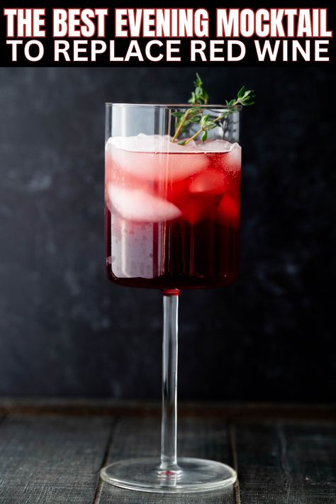 The Best Evening Mocktail to replace Red Wine - this mocktail is delicious, healthy and functional (basically everything wine isn't).  It contains valerian tea, tart cherry juice  and a splash of sparkling water.  It looks gorgeous in a wine glass and you'll love sipping on it at bedtime! Mocktails Non Alcoholic Wine, Wine Alternative Drinks, Wine Replacement Drinks, Wine Grape Recipes, Wine Mocktail Recipe, Red Mocktail Recipe, Cherry Mocktail Recipe, Cherry Juice Mocktail Recipe, Tart Cherry Mocktails