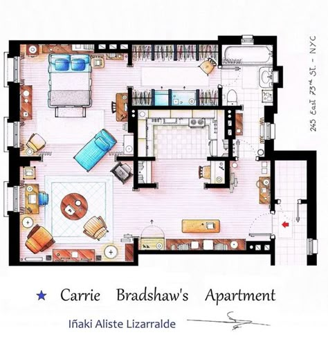 Always loved the layout of this apartment.  Website also has Friends, Golden Girls, etc. layouts. Carrie Bradshaw Apartment, Floor Plan Sketch, Friends Apartment, Mini Loft, Apartment Floor Plan, Tv Home, Apartment Floor Plans, The Golden Girls, Apartment Layout