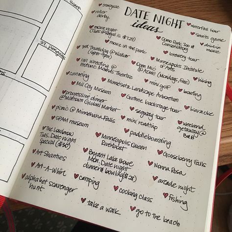 Made a list of date night ideas in my #bulletjournal wait to try them out. #bujo Date Idea Journal, Scrape Book For Couple, Date Ideas Journal, Date Ideas Journal Page, Date Journal Ideas, Date Book Ideas, Couple To Do List Ideas, Journal Date Ideas, Couple Book Ideas