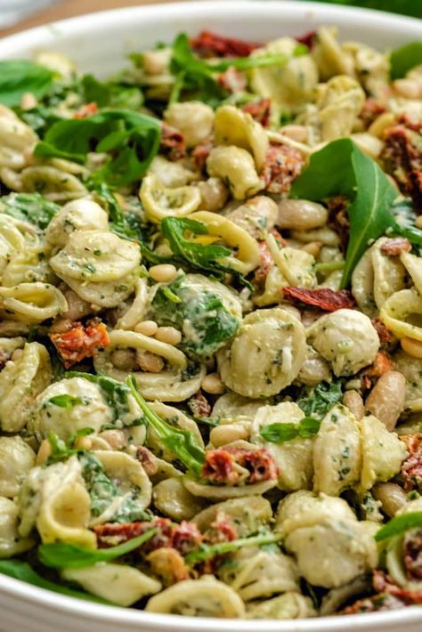 Creamy Pesto Pasta Salad - Host The Toast Creamy Pesto Pasta Salad, Creamy Pesto Pasta, Pesto Pasta Salad, Creamy Pesto, Sun Dried Tomatoes, Pesto Pasta, Sun Dried, Arugula, Pasta Salad