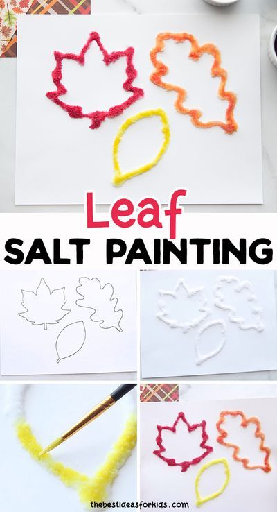 Leaf Salt Painting - such a fun fall craft for kids! Free printable template on the post! You only need salt, paint and glue. Fall Painting For Kindergarten, Salt Leaves Craft, Fall Salt Painting, Leaf Salt Painting, Glue And Salt Art, Sensory Leaf Painting, Salt Glue Painting, Glue Salt Painting, Salt And Glue Art For Kids