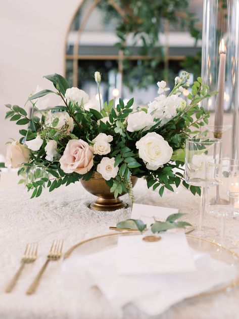 Cat + Cody: Romantic Cream and Blush Wedding at The Cordelle — Rosemary & Finch Floral Design | Nashville, TN Champagne Wedding Flowers, Rose Centerpieces Wedding, The Cordelle, Blush Centerpiece, Romantic Winter Wedding, Green Chandeliers, Green Centerpieces, Greenery Centerpiece, Low Centerpieces