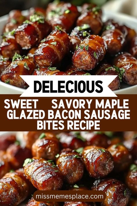 Experience the delicious fusion of flavors with our Sweet & Savory Maple-Glazed Bacon Sausage Bites Recipe! These bite-sized delights feature crispy bacon wrapped around perfectly seasoned sausage, drizzled with rich maple syrup for an unforgettable taste. Whether you're hosting a party or enjoying a cozy evening at home, these bites are sure to impress. Easy to make and irresistibly tasty, they’re bound to become a favorite! Sweet Sausage Recipes, Trapped In Your Mind, Maple Bacon Recipes, Bacon Wrapped Sausages, Sausage Bites, Maple Syrup Recipes, Breakfast Sausage Recipes, Bacon Sausage, Breakfast Sausage