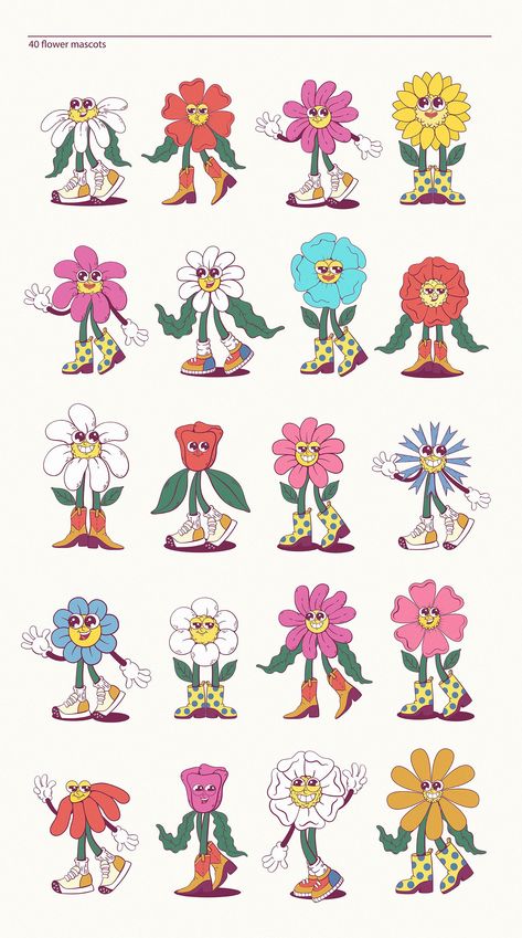 70s retro flower power mascot kit with clipart, logo, poster, wall art. Perfect for your 70s themed party or event. flowerpower 70s retro groovy . #Croquis #Nostalgia_70s #Flower_Power_Art #Art_Nostalgia Nostalgia 70s, Art Nostalgia, Matching Friend, Wallpaper Retro, Logo Poster, Illustration Blume, Cartoon Flowers, Retro Groovy, Flower Logo