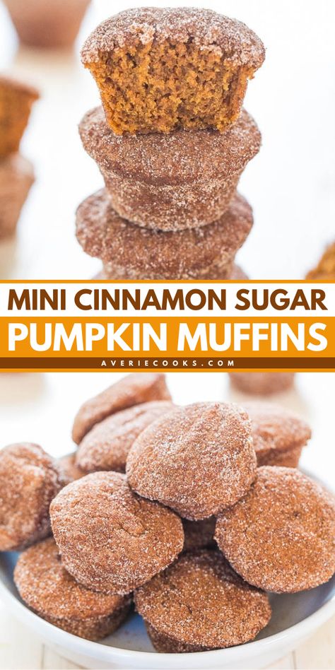 An easy fall recipe for your pumpkin food ideas! It's a fall breakfast food featuring mini pumpkin muffins. You won't be able to resist these Mini Cinnamon Sugar Pumpkin Muffins that are packed with flavor while being accidentally vegan! Mini Pumpkin Muffins, Accidentally Vegan, Averie Cooks, Pumpkin Recipes Easy, Fall Baking Recipes, Pumpkin Recipe, Pumpkin Spice Syrup, Sugar Pumpkin, Vegan Pumpkin