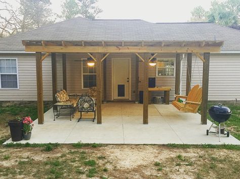 Back Porch DIY Back Porch Overhang, Ranch Style Home Back Patio Ideas, Diy Back Porch Cover, Over Hang Porch Patio, Lean To Back Porch Patio, Adding Back Porch To House, Trailer Back Porch Ideas, Covered Porch Attached To House, Back Porch Overhang Ideas