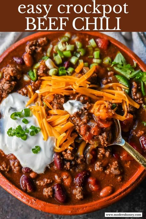 Crockpot Beef Chili – Modern Honey Crockpot Chili With Rotel, Classic Crockpot Chili, Crockpot Recipes Chili Beef, Mild Chili Recipe Crock Pots, Best Beef Chili Recipe Crockpot, Crockpot Texas Chili Recipe, Sweet Chili Crockpot Recipe, Thick Crockpot Chili, Chili Recipe Crockpot Spicy