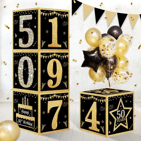 PRICES MAY VARY. [You Will Receive] - 4Pcs Happy 50th Birthday boxes decorations, each box size:11.8 * 11.8 * 11.8 inches, enough to decorate your unique birthday party. (Note: This kit does not include balloons) [Happy 50th Birthday Box] - The 50th Birthday Box uses the black and gold color, with the number "50" set in diamonds and the large golden number "1974" highlighting the birthday theme. Paired with party patterns such as cakes and gift boxes to create a sweet party atmosphere [Applicati 40th Birthday Balloons, 50th Birthday Balloons, 60th Birthday Party Decorations, 70th Birthday Decorations, 60th Birthday Decorations, 16th Birthday Decorations, Birthday Decorations For Men, 50th Birthday Party Decorations, 50th Birthday Decorations