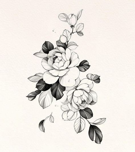 Rose Linework, Peony Flower Tattoos, Dot Flowers, Peony Drawing, Floral Thigh Tattoos, Flower Tattoo Drawings, Dot Tattoos, Floral Tattoo Sleeve, Flower Sleeve