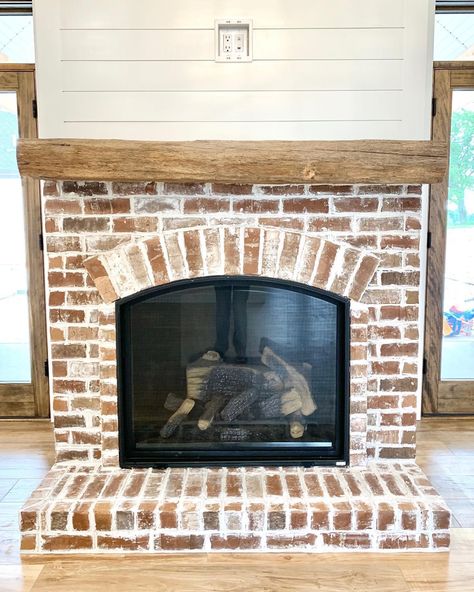 Brick Paver Fireplace, Brick Fireplace With Hearth, Cathedral Fireplace, Brick Fireplace With Wood Mantle, Farmhouse Brick Fireplace, Brick Corner Fireplace, French Country Fireplace, Fireplace Redo, Brick Hearth