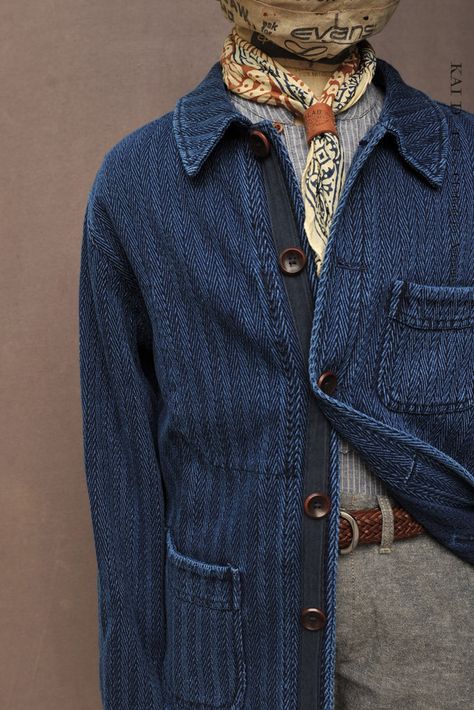 Dock Worker Style, Indigo Unstructured Long Sleeve Outerwear, Pre-washed Indigo Cotton Outerwear, France Outfits Men, Denim Chore Jacket Outfit, Sashiko Shirt, Heritage Style Men, Coastal Grandpa, French Chore Jacket