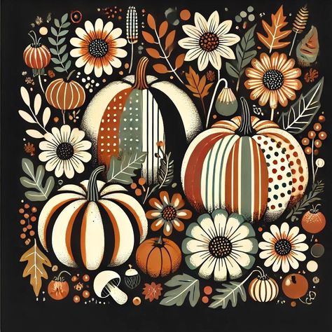 These fall-themed images stand out for their vibrant color palette, whimsical patterns, and intricate details that capture the cozy essence of autumn. The combination of modern pumpkin designs, featuring patterns like polka dots and plaid, with charming seasonal elements like flowers, acorns, and leaves, creates a visually engaging and contemporary twist on traditional fall motifs. Each image is versatile, designed to fit both large and small apparel prints, while evoking the warmth and festive Fall Motifs, Autumn Doodles, Fall Illustration, Autumn Elements, Affordable Boho, Whimsical Patterns, Pumpkin Designs, Halloween Rocks, Zentangle Drawings