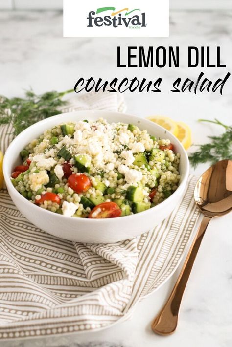 Mediterranean couscous is the star of this tasty salad also featuring fresh herbs and crisp veggies. #lemon #dill #couscous #salad Dill Couscous Salad, Pea Couscous Salad, Lemon Dill Couscous, Salad Couscous, Couscous Salad Recipes, Mediterranean Couscous, Moroccan Couscous, Festival Foods, Dill Recipes