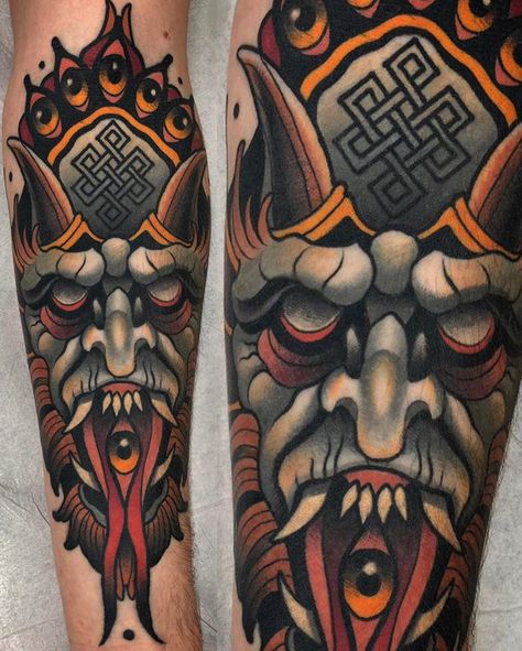 Healed demon I did about a year ago 👹 Done using #revolutionneedles Kali Tattoo, Tattoo Trash, Neo Tattoo, Goth Tattoo, Demon Tattoo, Sweet Tattoos, Old School Tattoo Designs, American Tattoos, Tatuaje A Color