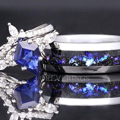 Wedding Band Sapphire, Purple Wedding Rings, Sapphire Silver Ring, Wedding Ring Sets Unique, Witch Rings, Couples Ring, Matching Wedding Rings, Promise Ring Set, Orion Nebula