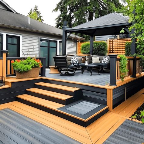 Black Deck Ideas Outdoor Living, Two Tone Deck Color Ideas Wood, Low Deck Landscaping Ideas, Best Deck Ideas, Landscaping For A Black House, Craftsman Deck Ideas, Modern Decks Backyard, Tiny Home Deck Ideas, Contemporary Deck Ideas