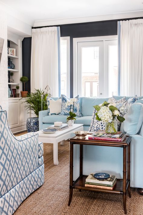 Blue and White, Classic, Southern Living Room Blue And White Southern Living Room, Coastal Southern Bedroom, Light Blue Decor Living Room, Southern Preppy Living Room, Classic Southern Living Room, Blue And White Lamps Living Room, Coastal Classic Living Room, Grand Millennial Style Living Room, Traditional Southern Living Room