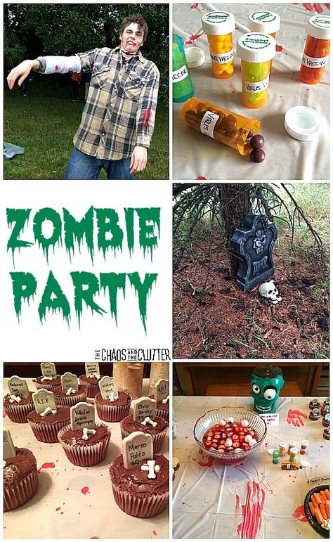 Zombie Party Ideas...decorations, games, food, and everything else you need to create the most epic Hallowe'en or birthday party ever! Zombie Themed Food, Zombie Party Ideas, Zombie Party Food, Zombie Birthday Party, Zombie Birthday Party Decorations, Zombie Party Decorations, Zombie Themed Party, Zombie Apocalypse Party, Zombie Halloween Party