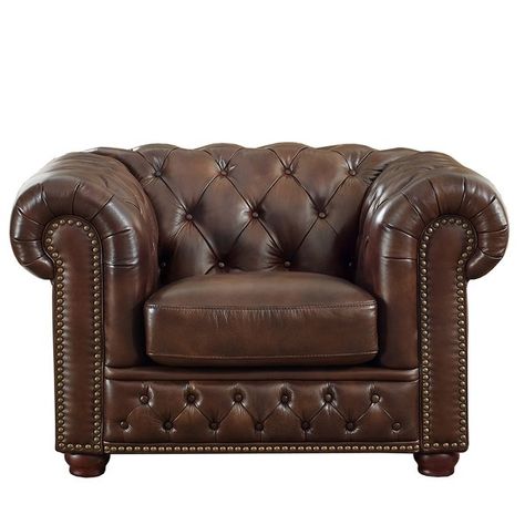 This Leather Chesterfield Chair will let you relax in comfort and traditional style. Featuring genuine leather, plush feather down seating, detailed nail-head trim, and elegant button tufting, this classic loveseat will enhance your home. It has pocket coil seat cushions with high resiliency foam for added comfort and luxury. This classic loveseat is handcrafted and is perfect for the office, den, or family room. Leather Chesterfield Chair, Tufted Leather Chair, Tan Leather Chair, Chesterfield Furniture, Blue Dining Room Chairs, Hanging Chair From Ceiling, Pub Interior, Wooden Adirondack Chairs, Office Den