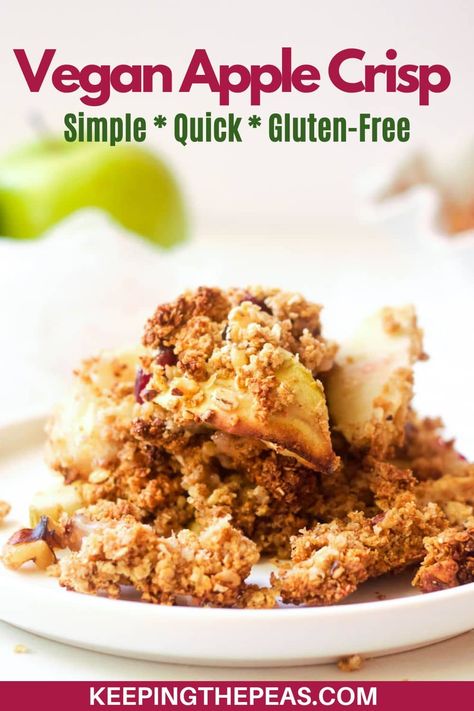 This vegan apple crisp contains cinnamon, ginger, and dried cranberries. It uses plant-based ingredients to create a healthy autumn dessert. Apple Cobbler With Fresh Apples, Apple Crisp Cake, Vegan Apple Crisp Recipe, Healthy Apple Crisp Recipe, Sugar Free Apple Crisp, Apple Crisp Recipe Healthy, Healthy Fall Desserts, Vegan Apple Crisp, Healthy Apple Crisp