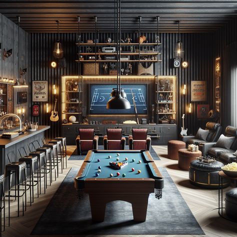 Enter an ultra-cool man cave fitted with a pool table, home theater, full-sized bar, and a foosball table. Indulge in timeless leisure surrounded by dark hues, industrial lighting, and iconic sports memorabilia. A gamer's paradise ready for fun! 

#ManCave #HomeBar #HomeTheater #GamerRoom #PoolTable #SportsMemorabilia Cool Pool Table Rooms, Garage Billiard Room, Sports Lounge Ideas, At Home Sports Bar, Man Cave Basement Sports, Modern Man Cave Design, Man Cave Wet Bar, Classy Sports Man Cave, Dark Man Cave