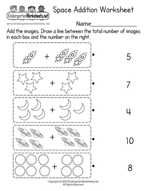 Students can add planets, stars, rockets, and moons in this free space math worksheet for kindergarten. Then children can match these space-themed pictures with the correct numbers by drawing a line. This simple addition activity would be perfect for children who are at the beginning stage of addition. Space Math Worksheets, Simple Addition Kindergarten, Space For Kindergarten, Moon Worksheets For Kids, Space Preschool Worksheets, Simple Addition Worksheets Free, Space Kindergarten Activities, Space Worksheets For Preschool, Space Math