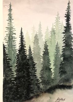 Forrest Drawing Simple, Watercolor Art Forest, Simple Watercolor Paintings Nature, Forest Drawing Simple, Painting With Trees, Forest Watercolor Painting, Watercolor Painting Ideas For Beginners, Watercolour Trees, Forest Drawing