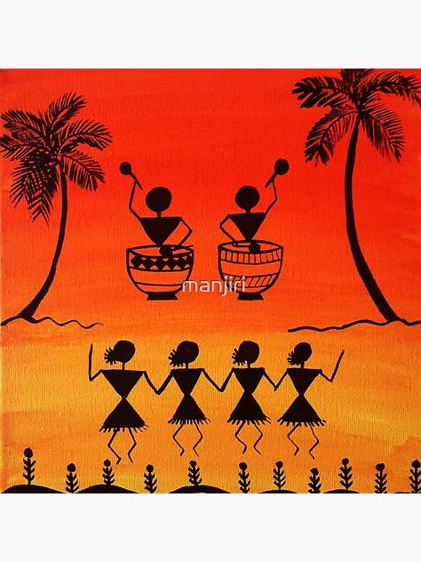 "Warli painting - Traditional Art from India " Canvas Print for Sale by manjiri | Redbubble Warli Art Composition, Basic Painting For Beginners, Matka Decoration, Bird Composition, Warli Designs, Hostel Decor, Warli Paintings, Falooda Recipe, Phad Painting