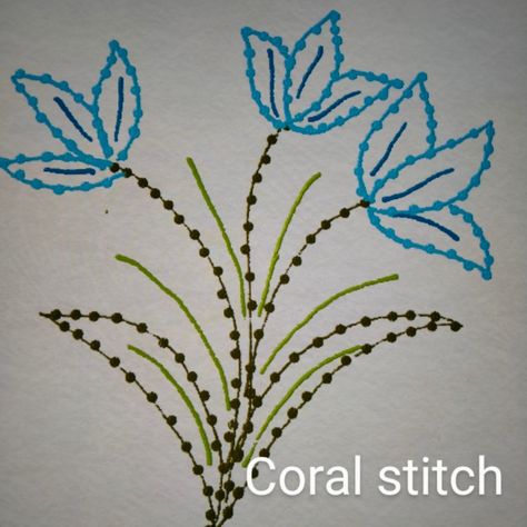 Coral stitch looks like a knot and is used for outlining in hand embroidery designs. Thicker thread gives a more prominent knot. Coral Stitch Embroidery Design, Coral Embroidery Design, Coral Stitch Embroidery, 52 Blocks, Coral Stitch, Coral Embroidery, Stitch Embroidery Design, Daisy Stitch, Cute Easy Doodles