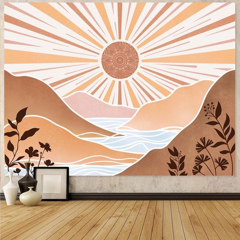 PRICES MAY VARY. Material: Polyester. Dimension: 36''high × 48''wide, 44''high × 60''wide, 60''high × 80''wide，68''high × 90''wide. Decorative: This sun tapestry is designed in boho style, whether the wall tapestry is used as a bedroom tapestry or a living room tapestry, it can make you feel comfortable and enhance your aesthetics. Your guests will praise your choice. High Quality: The vintage sun tapestries have clear prints, rich colors, soft and skin-friendly material, and does not fade. Mult Sun And Moon Mural, Sun Mural Wall, Bohemian Pattern Art, Sunshine Classroom, Guest Room Wall Decor, Sunset Mural, Sun Tapestry, Bedroom Tapestry, Tapestry Aesthetic