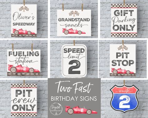 Two Fast Birthday Signs F1 Birthday, Vintage Race Car Birthday, Two Fast Birthday, Birthday Signs, Hot Wheels Birthday, Race Car Birthday Party, Car Party, First Birthday Party Decorations, Race Car Party