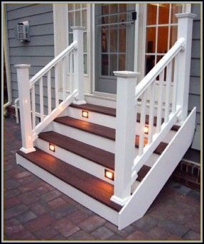 Composite Deck Steps                                                       … Patio Stairs, Porch Stairs, Front Porch Steps, Front Stairs, White Porch, Deck Steps, Patio Steps, Composite Deck, Patio Deck Designs