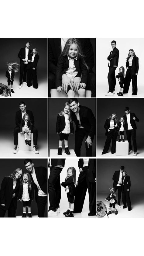 Black White Family Photoshoot, Vogue Style Family Photoshoot, Family Photo Outfits In Studio, Black And White Family Pictures Studio, Editorial Photography Family, Classy Family Photos, Family Photo Studio Poses, Black And White Family Portraits, White Studio Family Photoshoot