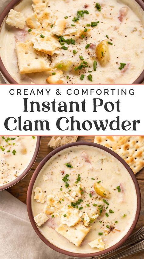 This incredibly delicious Instant Pot clam chowder is creamy, comforting and everything you'd hope for! Packed with a ton of flavor, this classic favorite soup is filled with clams, bacon, tender potatoes and veggies. Super easy to make, and ready to eat in just 30 minutes, this method is the way to go! Pressure Cooker Clam Chowder, Clam Chowder Recipe New England Instapot, Low Calorie Clam Chowder, Potato Clam Chowder Soup, Insta Pot Clam Chowder, Instapot Clam Chowder Recipe, Clam Chowder Recipe Instant Pot, Instant Pot Manhattan Clam Chowder, Easy Clam Chowder Recipe Crock Pots